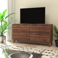 Flash Furniture EM-0372-WAL-GG Hatfield Mid-Century Modern 60 Inch 4 Door Storage Buffet Sideboard, 4 Soft Close Doors, Adjustable Shelves, TV Stand for up to 64